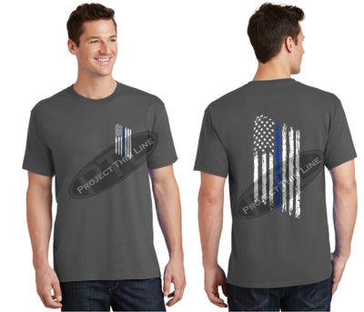 Charcal Thin BLUE Line Tattered American Flag Short Sleeve Shirt