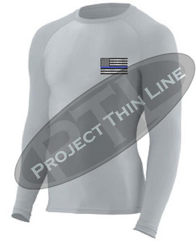 Light Grey Embroidered Thin Blue Line American Flag Long Sleeve Compression Shirt