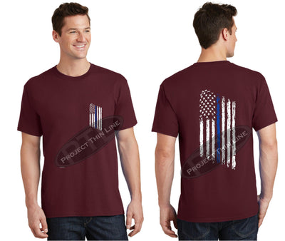 Maroon Thin BLUE Line Tattered American Flag Short Sleeve Shirt