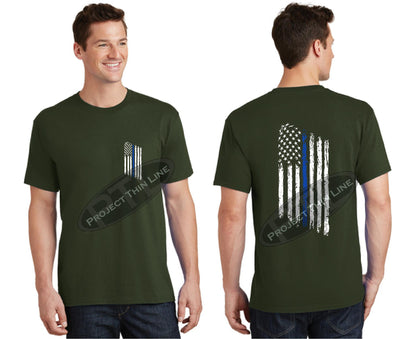 OD Green Thin BLUE Line Tattered American Flag Short Sleeve Shirt