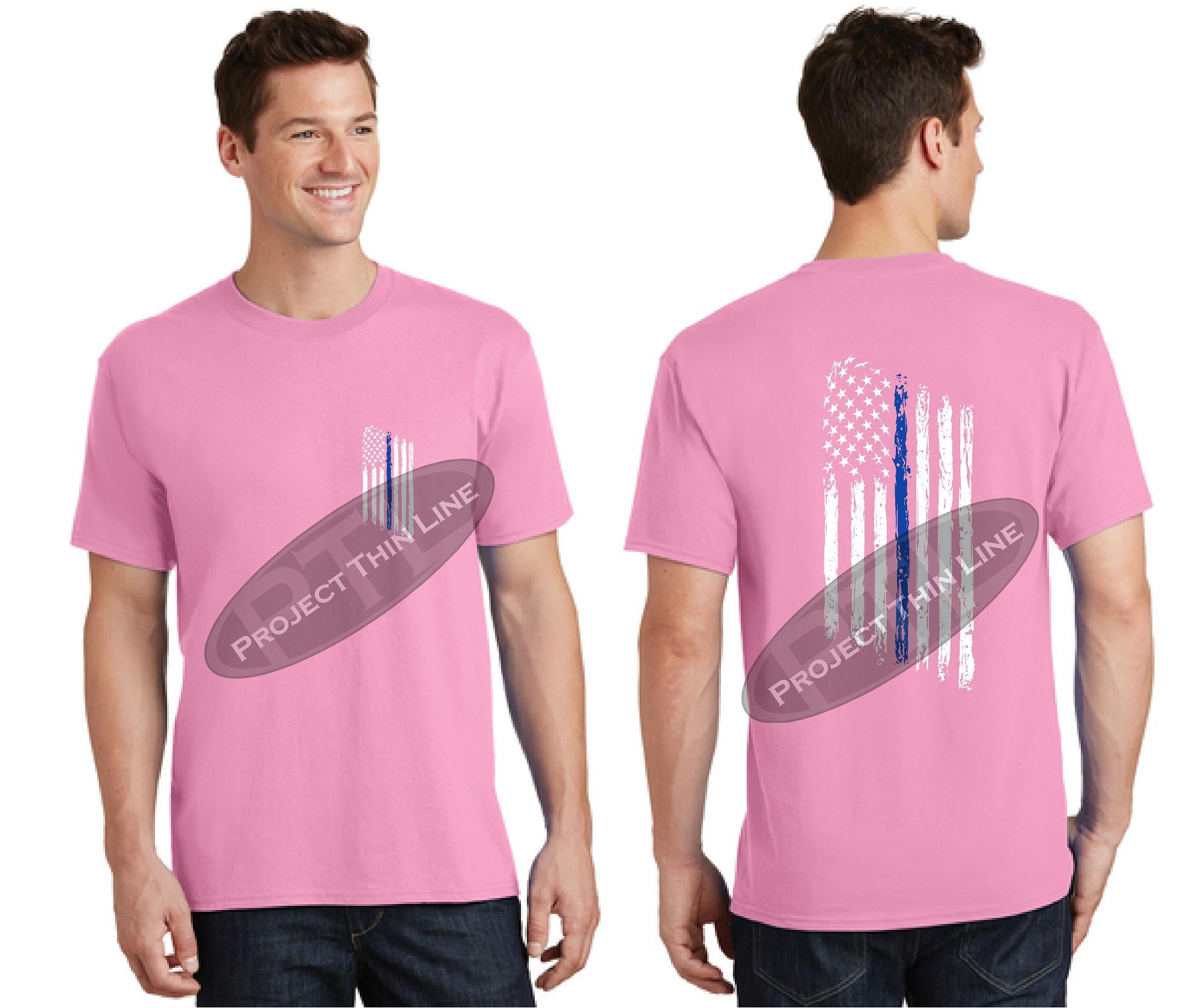 Pink Thin BLUE Line Tattered American Flag Short Sleeve Shirt
