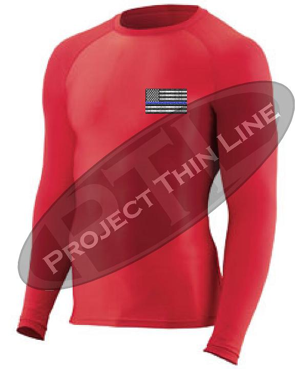 Red Embroidered Thin Blue Line American Flag Long Sleeve Compression Shirt