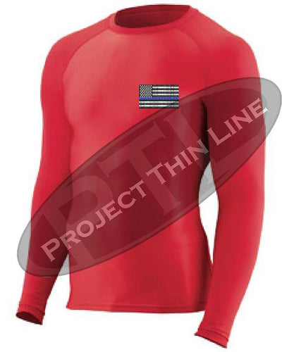 Red Embroidered Thin Blue Line American Flag Long Sleeve Compression Shirt