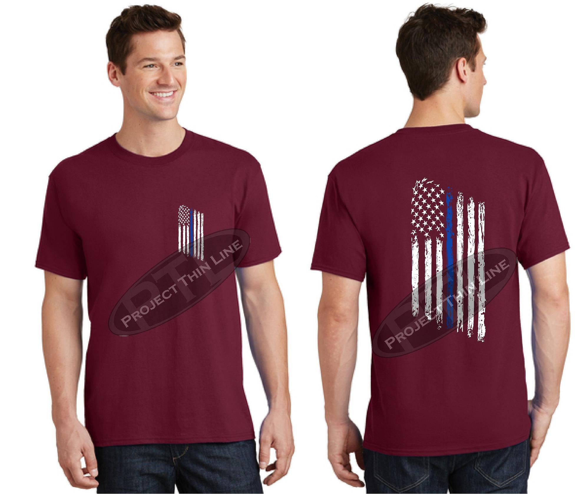 Red Thin BLUE Line Tattered American Flag Short Sleeve Shirt