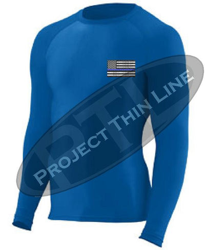 Royal Embroidered Thin Blue Line American Flag Long Sleeve Compression Shirt