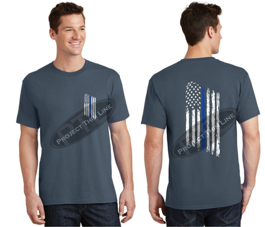 Black Thin BLUE Line Tattered American Flag Short Sleeve Shirt