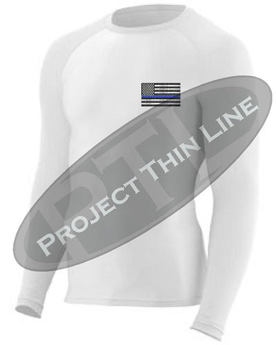 White Embroidered Thin Blue Line American Flag Long Sleeve Compression Shirt