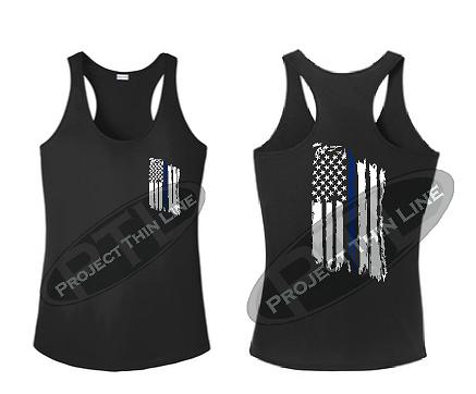 Black Womens Tattered Thin Blue Line American Flag Racerback Tank Top