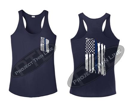 Navy Blue Womens Tattered Thin Blue Line American Flag Racerback Tank Top