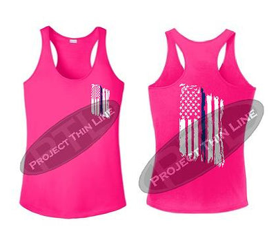 Pink Womens Tattered Thin Blue Line American Flag Racerback Tank Top