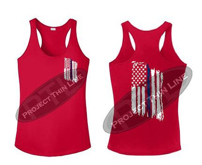 Red Womens Tattered Thin Blue Line American Flag Racerback Tank Top