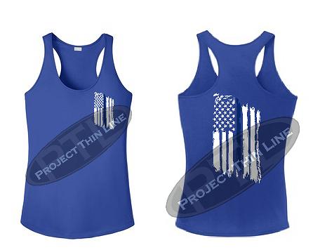 Royal Blue Womens Tattered Thin Blue Line American Flag Racerback Tank Top