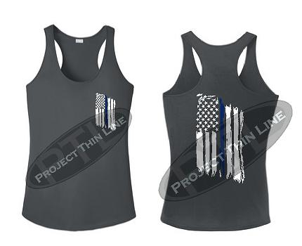 Charcoal Womens Tattered Thin Blue Line American Flag Racerback Tank Top