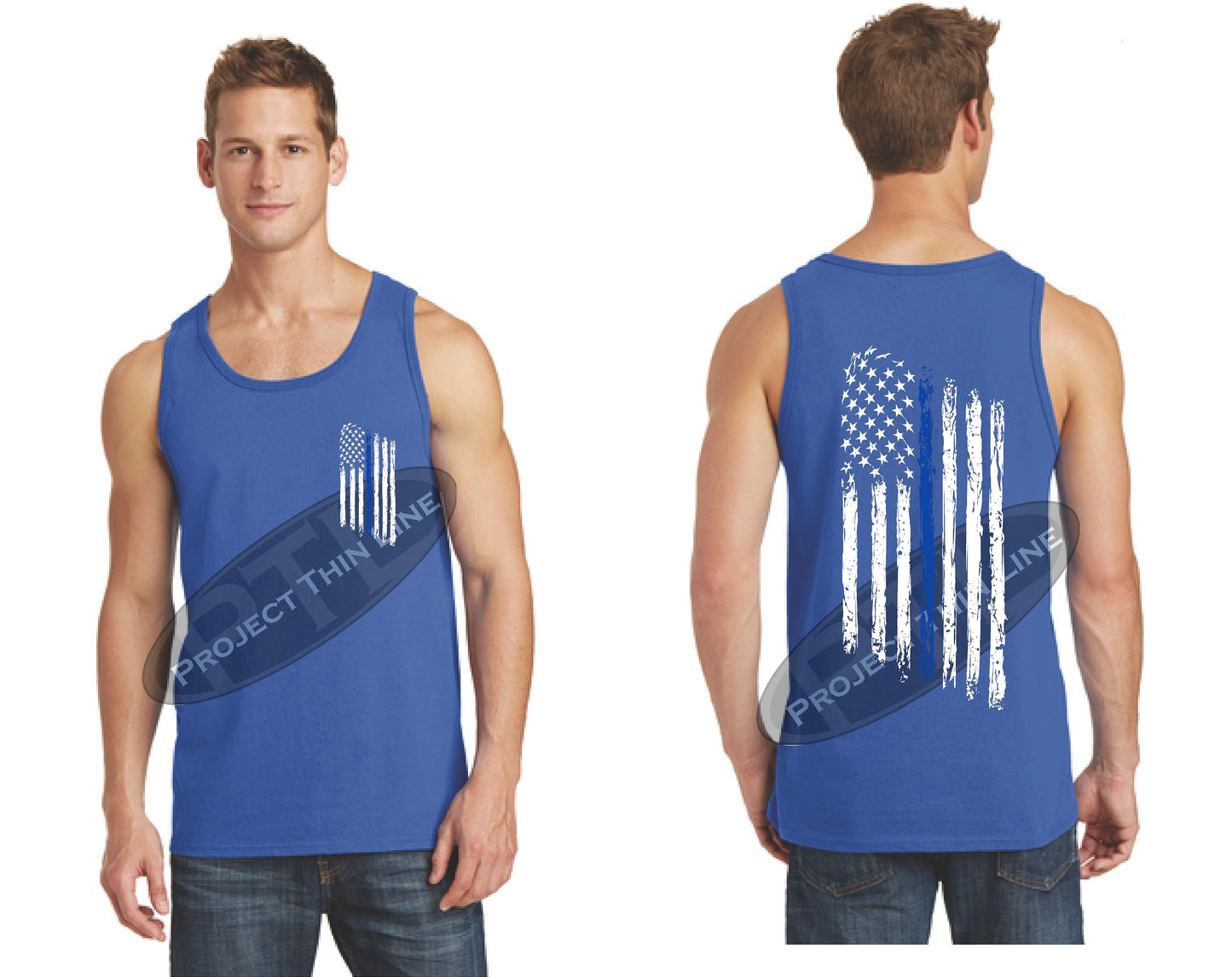 Royal Thin BLUE Line Tattered American Flag Tank Top