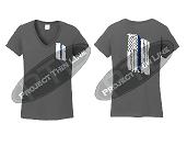 Charcoal V Neck Cap Sleeve Shirt - Thin BLUE Line Tattered American Flag