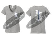 Grey V Neck Cap Sleeve Shirt - Thin BLUE Line Tattered American Flag