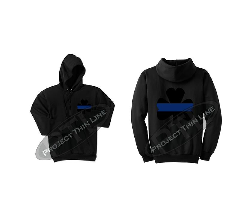 Black Ladies Thin BLUE Line Shamrock Clover Hooded Sweatshirt