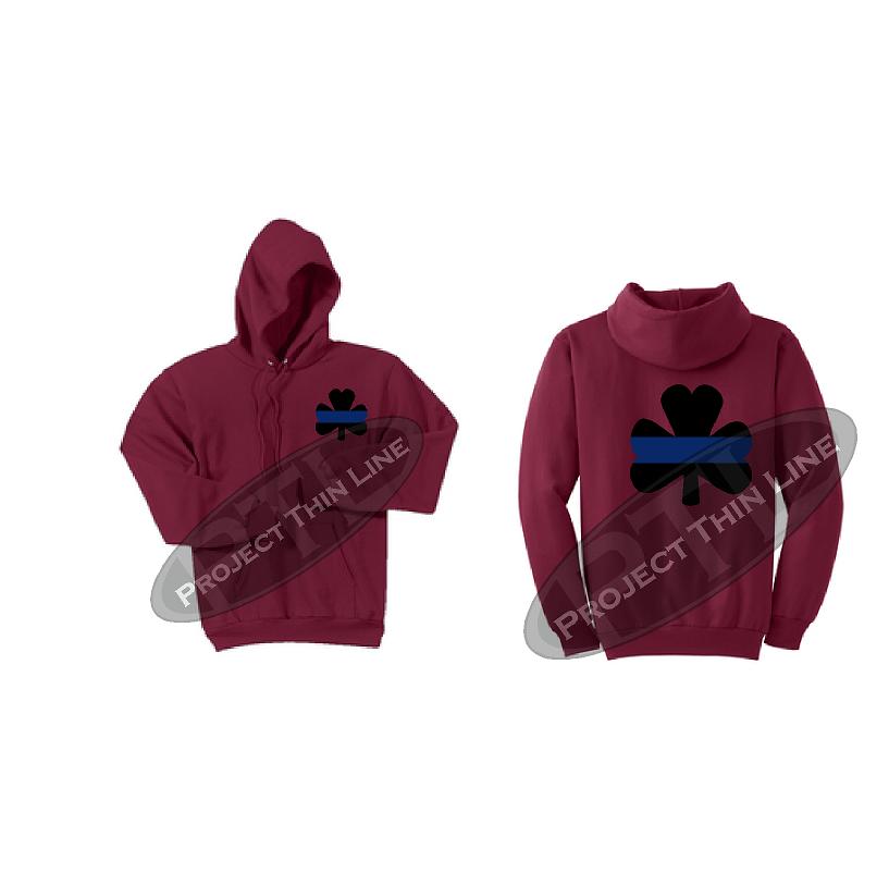 RED Ladies Thin BLUE Line Shamrock Clover Hooded Sweatshirt