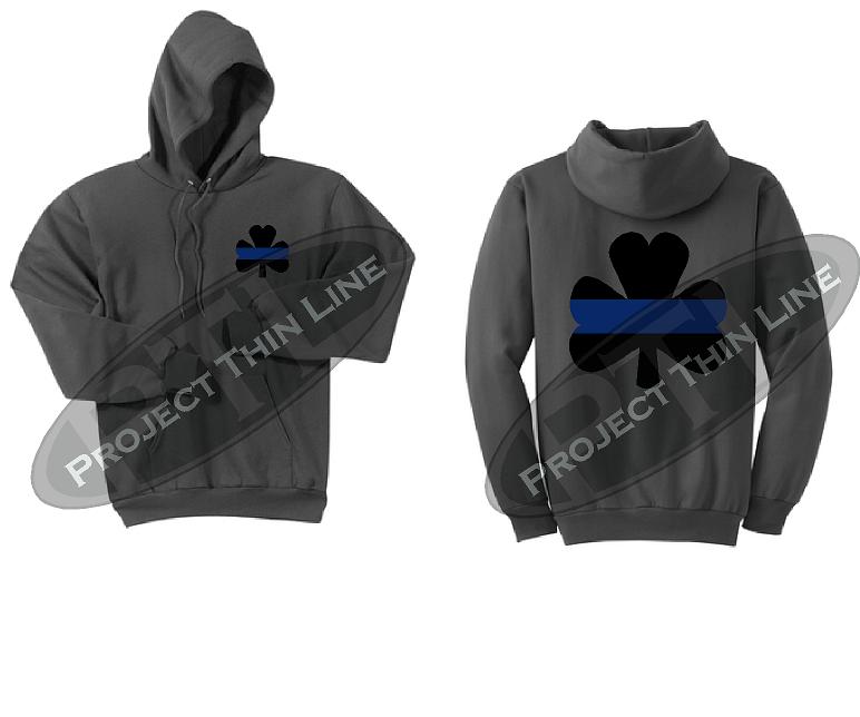 Charcoal Ladies Thin BLUE Line Shamrock Clover Hooded Sweatshirt