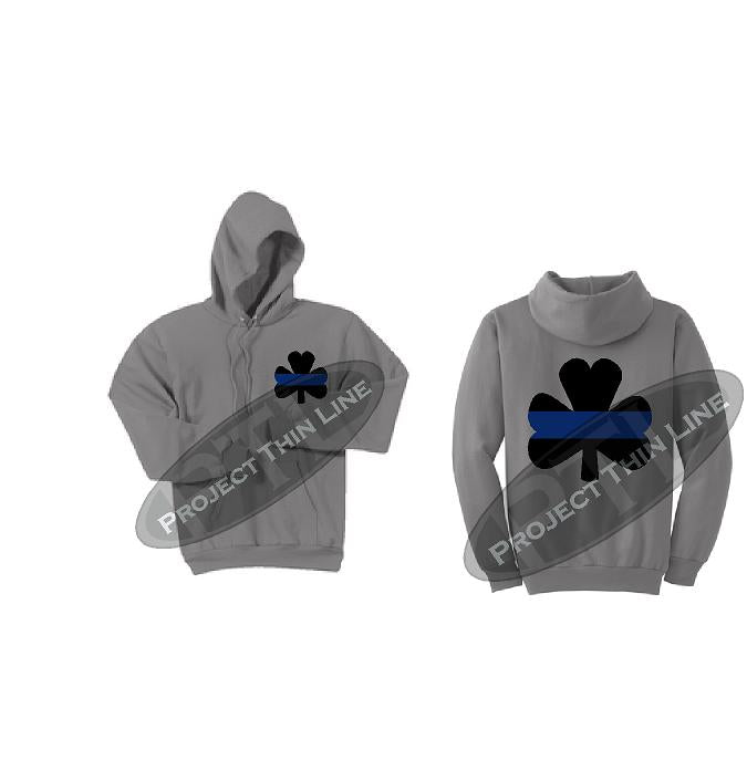 Medium Grey Ladies Thin BLUE Line Shamrock Clover Hooded Sweatshirt