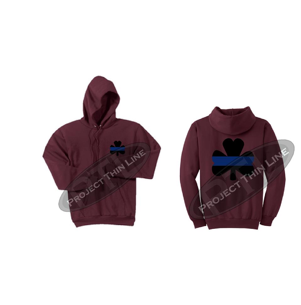 Burgundy Ladies Thin BLUE Line Shamrock Clover Hooded Sweatshirt