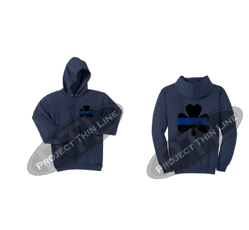 Navy Ladies Thin BLUE Line Shamrock Clover Hooded Sweatshirt