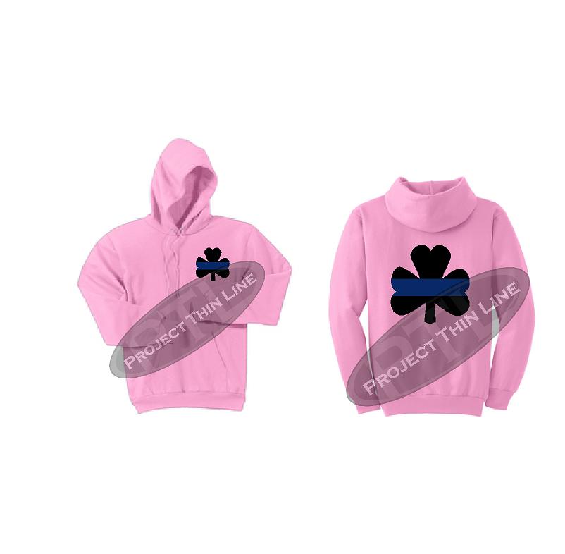 Pink Ladies Thin BLUE Line Shamrock Clover Hooded Sweatshirt