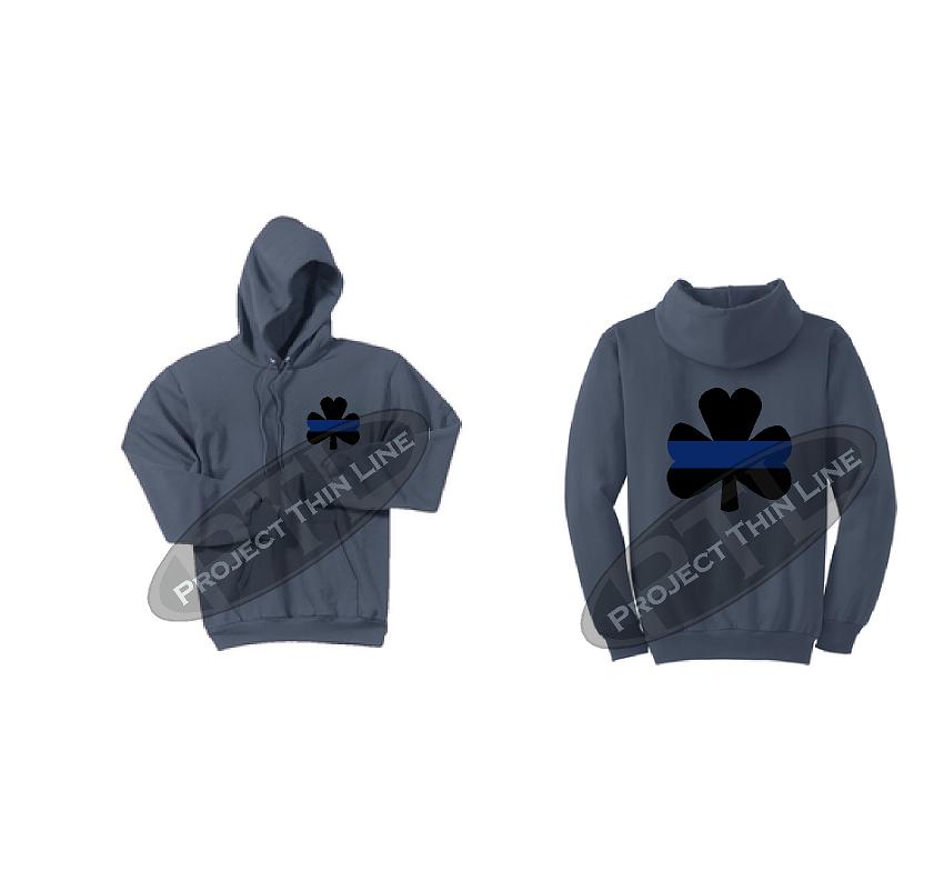 Steel Blue Ladies Thin BLUE Line Shamrock Clover Hooded Sweatshirt