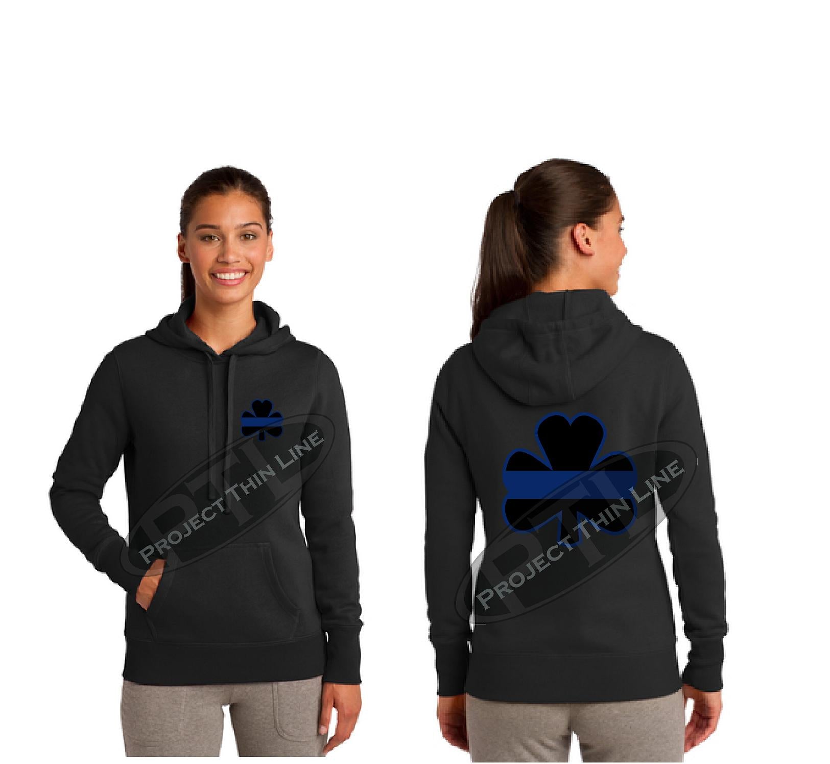 Black Ladies Thin BLUE Line Shamrock Clover Hooded Sweatshirt