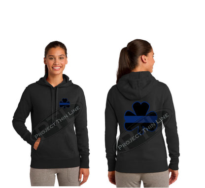 Black Ladies Thin BLUE Line Shamrock Clover Hooded Sweatshirt