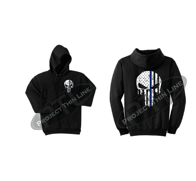 Black Thin BLUE Line Punisher Skull inlayed with the Tattered American Flag Hooded Sweatshirt