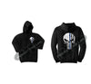 Black Thin BLUE Line Punisher Skull inlayed with the Tattered American Flag Hooded Sweatshirt