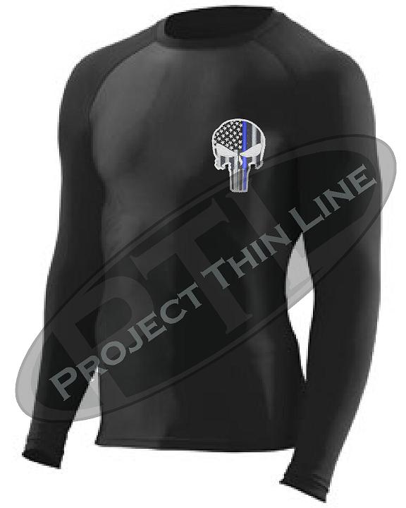 Embroidered Thin Blue Line Punisher Skull inlayed American Flag Long Sleeve Compression Shirt