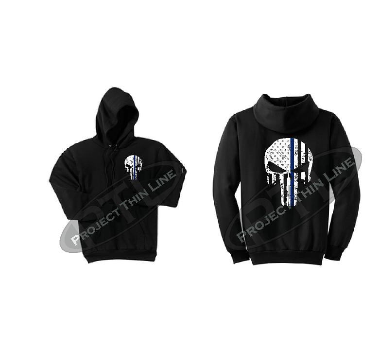 BLACK Hoodie with Thin Blue Line Punisher Skull inlayed Tattered American Flag