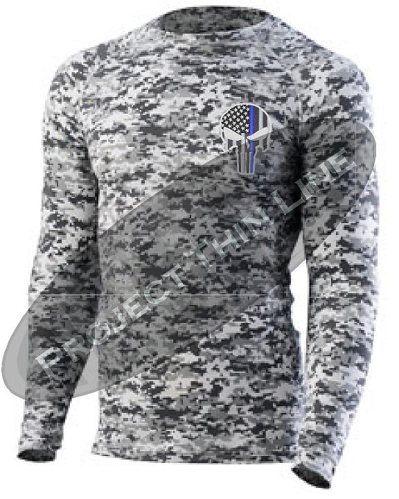 Digital Camo Embroidered Thin Blue Line Punisher Skull inlayed American Flag Long Sleeve Compression Shirt