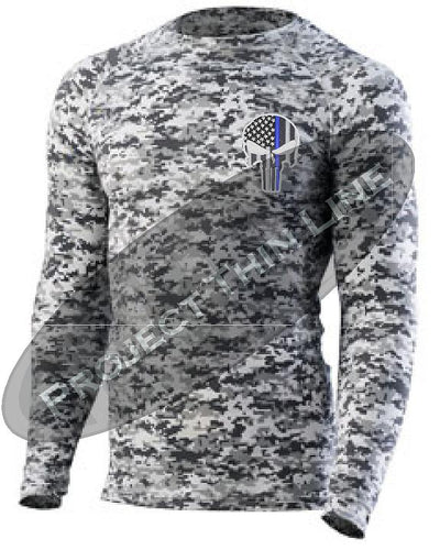 Digital Camo Embroidered Thin Blue Line Punisher Skull inlayed American Flag Long Sleeve Compression Shirt