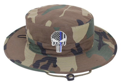 Camouflage Boonie Hat with a Subdued Thin Blue Line Punisher