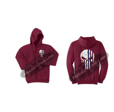 Red Thin BLUE Line Punisher Skull inlayed with the Tattered American Flag Hooded Sweatshirt