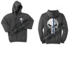 Charcoal Thin BLUE Line Punisher Skull inlayed with the Tattered American Flag Hooded Sweatshirt