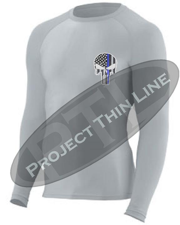 Light Grey Embroidered Thin Blue Line Punisher Skull inlayed American Flag Long Sleeve Compression Shirt
