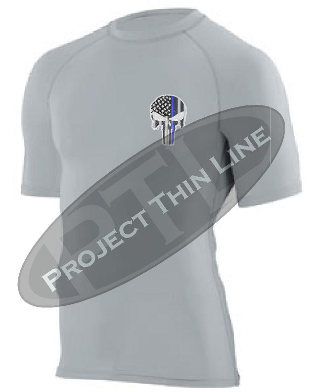 Light Grey Embroidered Thin Blue Line Punisher Skull inlayed American Flag Short Sleeve Compression Shirt