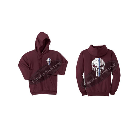 Maroon Thin BLUE Line Punisher Skull inlayed with the Tattered American Flag Hooded Sweatshirt