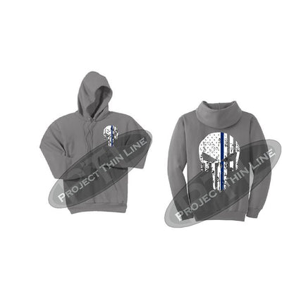 Medium Grey Thin BLUE Line Punisher Skull inlayed with the Tattered American Flag Hooded Sweatshirt