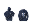 Navy Blue Thin BLUE Line Punisher Skull inlayed with the Tattered American Flag Hooded Sweatshirt