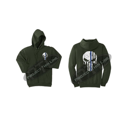 Olive Green Thin BLUE Line Punisher Skull inlayed with the Tattered American Flag Hooded Sweatshirt