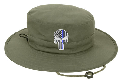 Olive Green Boonie Hat with a Subdued Thin Blue Line Punisher