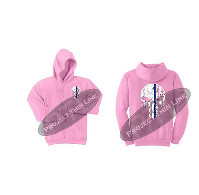 Pink Thin BLUE Line Punisher Skull inlayed with the Tattered American Flag Hooded Sweatshirt