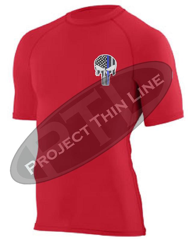 Red Embroidered Thin Blue Line Punisher Skull inlayed American Flag Short Sleeve Compression Shirt