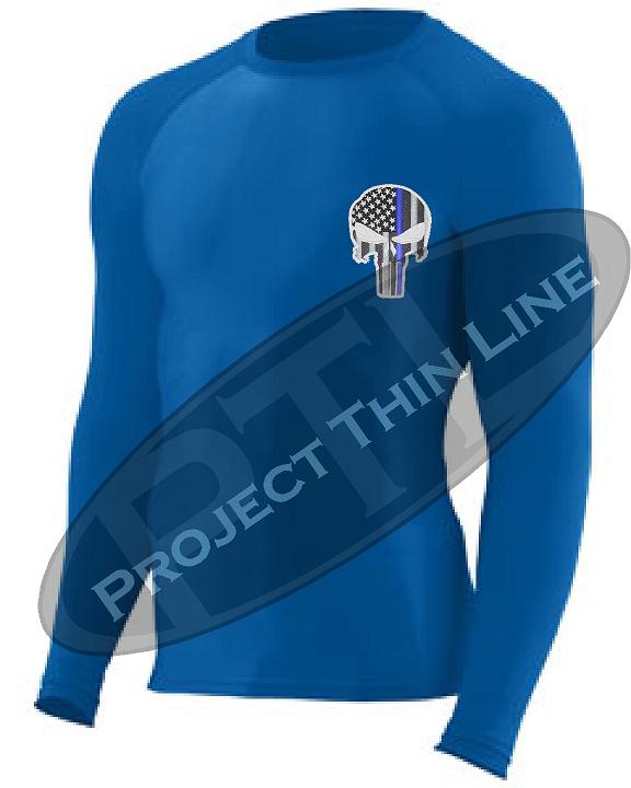 Royal Embroidered Thin Blue Line Punisher Skull inlayed American Flag Long Sleeve Compression Shirt