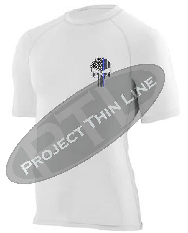 White Embroidered Thin Blue Line Punisher Skull inlayed American Flag Short Sleeve Compression Shirt